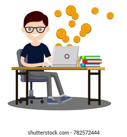 Cartoon flat illustration - mining bitcoin. A young man nerd sits on a chair behind a Desk with a computer laptop. Earning money on the Internet. Intellectual labour.