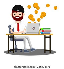 Cartoon flat illustration - mining bitcoin. A young man in Office style in a white shirt and red tie sits on a chair behind a Desk with a computer laptop. Earning money on the Internet. 
