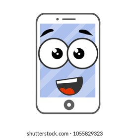 Cartoon flat illustration - mobile phone with eyes and a mouth. the smiling face of the device. computer emotions.
