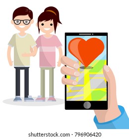 cartoon flat illustration - mobile phone with GPS of love. Search couples in love. Cute young students. A route with a red heart. Modern relationships and romance
