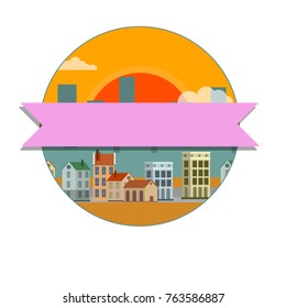 cartoon flat illustration - morning or evening cityscape with houses with orange sky and pink ribbon in circle
