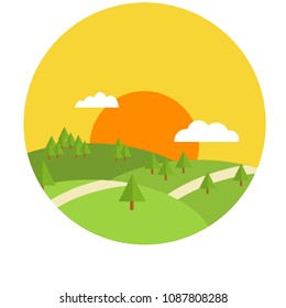 Cartoon flat illustration - morning sky. green meadows and hills with forest and road in a circle. natural scenery. beautiful landscape. rural environment. a place to travel outdoor. orange sunset
