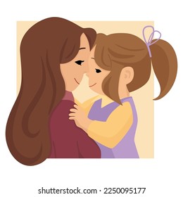 Cartoon flat illustration of mother and daughter hugging on square background. Mother and child smiling.  Greeting card for a gift, letter, poster.