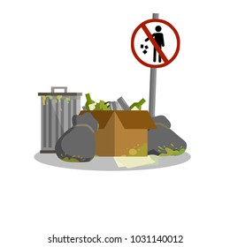 cartoon flat illustration - the mountain of garbage and trash. cans, bottles, scraps and stuff. ecological problems of the city. sign of prohibition to trash.