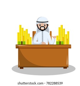 cartoon flat illustration - Muslim Arab man sitting on a chair at the table with a bunch of gold money and Bank notes. The wealth and profit Near East. The concept of a successful business.