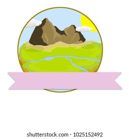 Cartoon flat illustration - natural landscape. beautiful view of the green island. the mountains and the river. tourist attraction. summer holiday with pink logo ribbon

