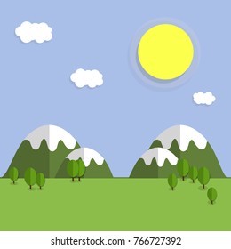 cartoon flat illustration - natural landscape. background with the mountains. Forest, trees, blue sky, sun