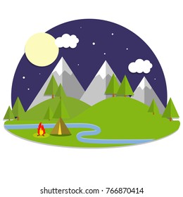 cartoon flat illustration - natural landscape. background with the mountains. Forest, trees, blue sky. Green hills, night moon, camp of tents and campfire, pond river