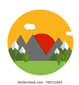 cartoon flat illustration - natural landscape. Green meadows and hills with trees and forest. Mountains rocks on background in a circle, red morning sun