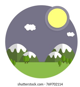 cartoon flat illustration - natural landscape. Green meadows and hills with trees and forest. Mountains rocks on background in a circle.