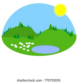 cartoon flat illustration - natural landscape. Green meadows and hills with trees and forest. Pastoral herds of sheep at pond of lake