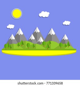 cartoon flat illustration - natural landscape. Green meadows and hills with trees and forest. Mountains rocks on background. Sun and cloud