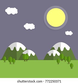 cartoon flat illustration - natural landscape. Green meadows and hills with trees and forest. Mountains rocks on background. 