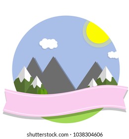 Cartoon flat illustration - natural mountain landscape. a tourist place to relax. the rocks in the background. summer season with sun. pink logo ribbon. Green meadows and hills.
