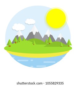 Cartoon flat illustration - natural scenery. tropical island with forest, trees and mountains. beach on the coast. a place for tourists. beautiful the sky, the sun and clouds.