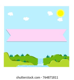 cartoon flat illustration - natural summer landscape. Pink ribbon at the clear blue sky. Green meadow, sun and clouds