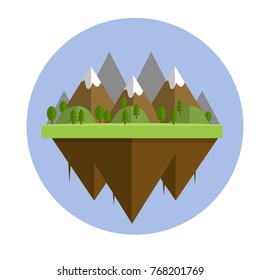cartoon flat illustration - nature landscape. Green meadows and hills. forest and the trees, mountains and rocks in circle logo