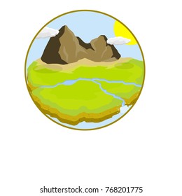 cartoon flat illustration - nature landscape. Green meadows, mountains and rocks, sun, cloud, river