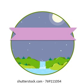 cartoon flat illustration - nature landscape. Green meadows and hills, night moon, waterfall and pink ribbon