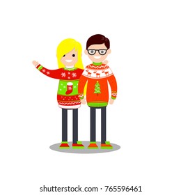 cartoon flat illustration - nerd and blond girl in christmas sweater