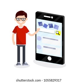 Cartoon flat illustration - the nerd guy is standing in front of the big phone. modern devices with social networks. application to search for information. friendship with the Internet.
