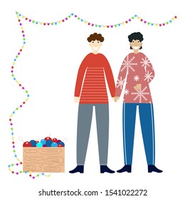 Cartoon flat illustration - New year's holidays. Two young men gay in Christmas warm winter sweaters, hold hands. Garland hanging around, box with colorful Christmas balls