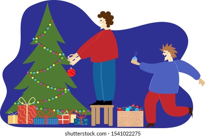 Cartoon flat illustration - New year's holidays. Two young men gay in Christmas warm winter sweaters, hold hands. Garland hanging around, box with colorful Christmas balls