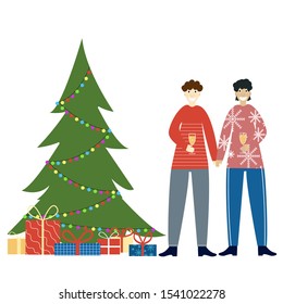 Cartoon flat illustration - New year's holidays. Two young men in Christmas warm winter sweaters with a pattern deer. Holding champagne glasses