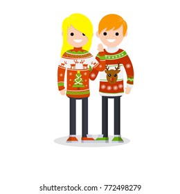 Cartoon flat illustration - New year's holidays. Two young men, the boy and girl in Christmas warm winter  sweaters with a pattern deer.