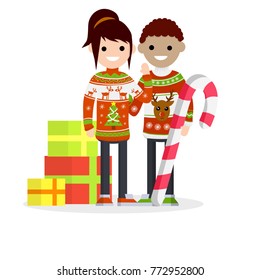 Cartoon flat illustration - New year's holidays. Two people - a guy and girl in warm winter Christmas sweater with the reindeer pattern. The mountain of gifts in boxes and a huge sweet lolly pop.