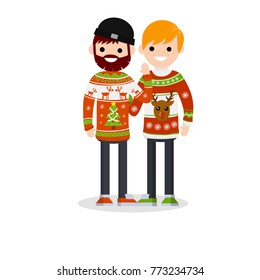 Cartoon flat illustration - New year's holidays. Two young men friend in Christmas warm winter sweaters with a pattern deer.