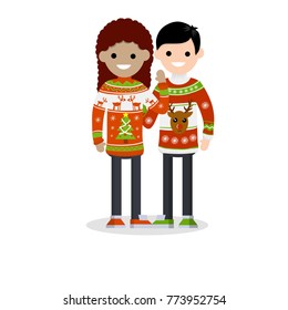 Cartoon flat illustration - New year's holidays. Two young men, the boy and girl in Christmas warm winter  sweaters with a pattern deer.