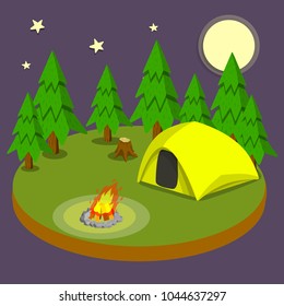 Cartoon flat illustration - night in the forest. outdoor recreation. natural landscape with tents and a fire. tourist camping with overnight stay. moon with star. the scouts in the campaign.
