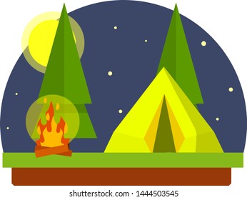 Cartoon flat illustration - night in forest. outdoor recreation. natural landscape with tents and campfire. moon with star. Scouts in the campaign and fire. Tourist camping with overnight stay