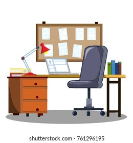 cartoon flat illustration - office furniture. Table, chair, lamp, notice Board, bedside table, book, laptop