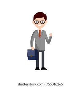 cartoon flat illustration - office guy with glasses in a suit with a tie and briefcase
