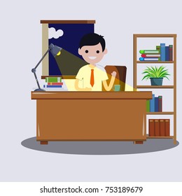 cartoon flat illustration - office worker in white shirt and red tie works in the office at night over a Desk with a lamp and books