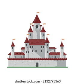 Cartoon Flat Illustration Of Old Big History Castle From Fairy Tale