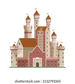 Cartoon Flat Illustration Of Old Big History Castle From Fairy Tale