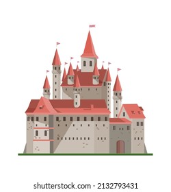 Cartoon Flat Illustration Of Old Big History Castle From Fairy Tale