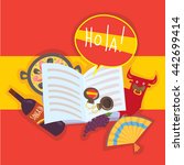 Cartoon flat illustration of open book with Spanish culture symbols. "Hola" means "hello" on Spanish.