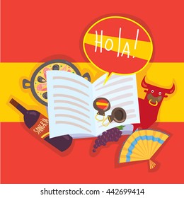 Cartoon flat illustration of open book with Spanish culture symbols. "Hola" means "hello" on Spanish.