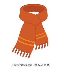 Ilustração plana em desenho animado de cachecol laranja com listras e borlas. Acessório acolhedor de outono e inverno.