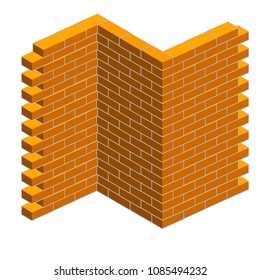 Cartoon flat illustration - orange wall in isometric view. building material bricks. the element construction of the house.
