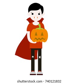 cartoon flat illustration - outfit for Halloween, vampires Cape and teeth with pumpkin boy kid