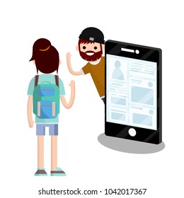 Cartoon flat illustration - personal page of the social network account. Man and big phone. Greeting a friend. communication on the Internet. The girl waving his hand.
Student woman with backpack.