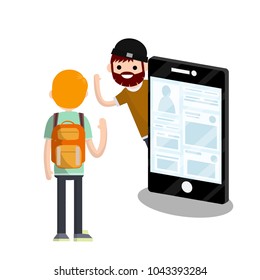 Cartoon flat illustration - personal page of the social network account. Man and big phone. Greeting a friend. communication on the Internet. The girl waving his hand.
Student man with backpack.