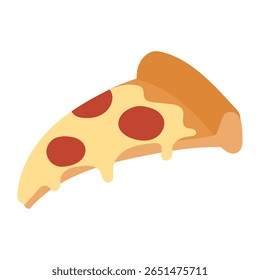 Cartoon flat illustration of a pizza slice. Hand-drawn cheesy slice with pepperoni toppings. Fun, tasty food in doodle style, isolated on white. Vector for fast food, menu