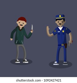 Cartoon flat illustration - police man detains the offender with a knife. the problem of urban security. an aggressive thief. guy in uniform talking to a criminal thug. Arrest bandit
