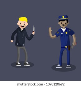 Cartoon flat illustration - police man detains the offender with a knife. the problem of urban security. an aggressive thief. guy in uniform talking to a criminal thug. Arrest bandit